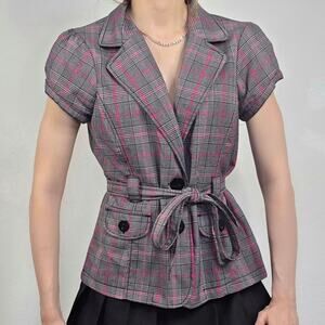 Plaid Belted Blazer Top Gray Pink Office Office Siren Y2K Short Sleeve Jacket